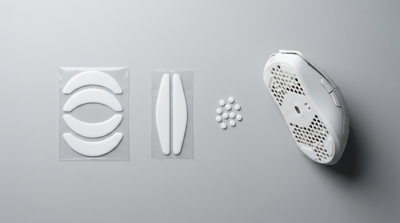เมาส์ฟีท PTFE หลายทรง ทั้งแบบโค้ง แบบเรียว และแบบ Dot วางข้างเมาส์เกมมิ่งสีขาว